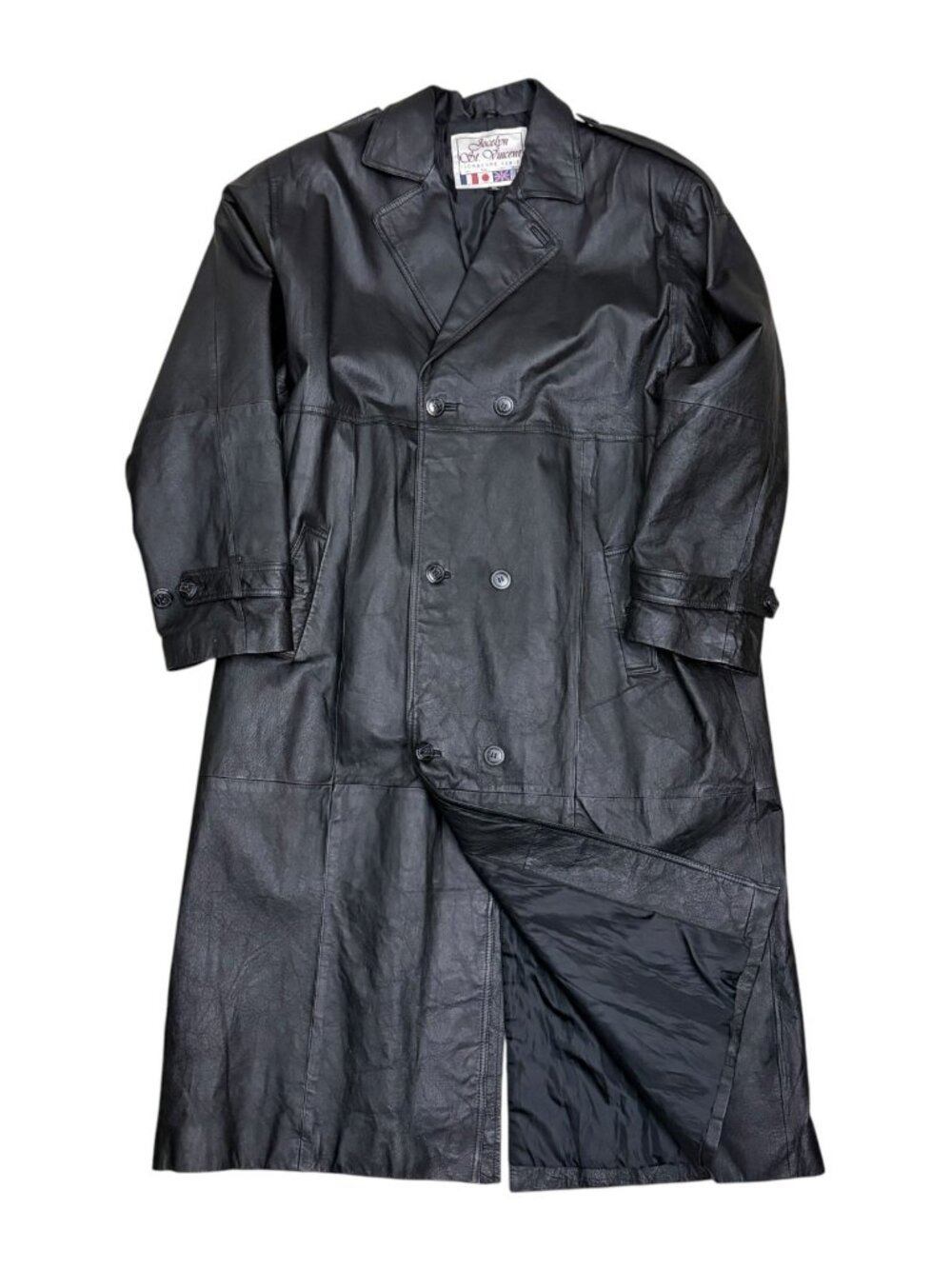 Leather JOCELYN ST. VINCENT Trench Coat Vintage 90s Retro Long Jacket Womens 2XL